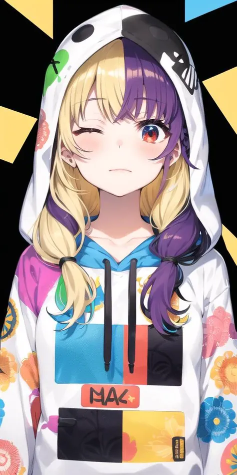 1girl, blonde hair, blush,closed mouth, colored inner hair,hood, hoodie, lantern, long hair, long sleeves, looking at viewer, multicolored hair, one eye closed, paper lantern, print hoodie, purple hair, red eyes, simple background, smartphone, solo, two-tone hair, unmoving pattern, upper body, white background, <lora:mika_locon_v1d:0.7>