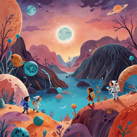 breathtaking <lora:Children_Illustration_SDXL:0.8>Children's Illustration Style of a group of astronauts exploring a colorful alien planet filled with strange creatures <lora:DD-pnte-neg-v1:1>