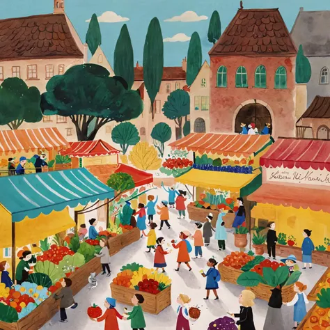 breathtaking <lora:Children_Illustration_SDXL:0.8>Children's Illustration Style of a bustling marketplace filled with colorful stalls selling fruits, vegetables, and other goods <lora:DD-pnte-neg-v1:1>