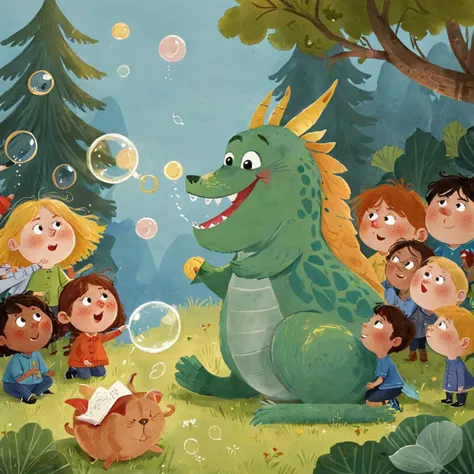 breathtaking <lora:Children_Illustration_SDXL:0.8>Children's Illustration Style of a friendly dragon blowing bubbles from its snout, surrounded by amazed children <lora:DD-pnte-neg-v1:1>