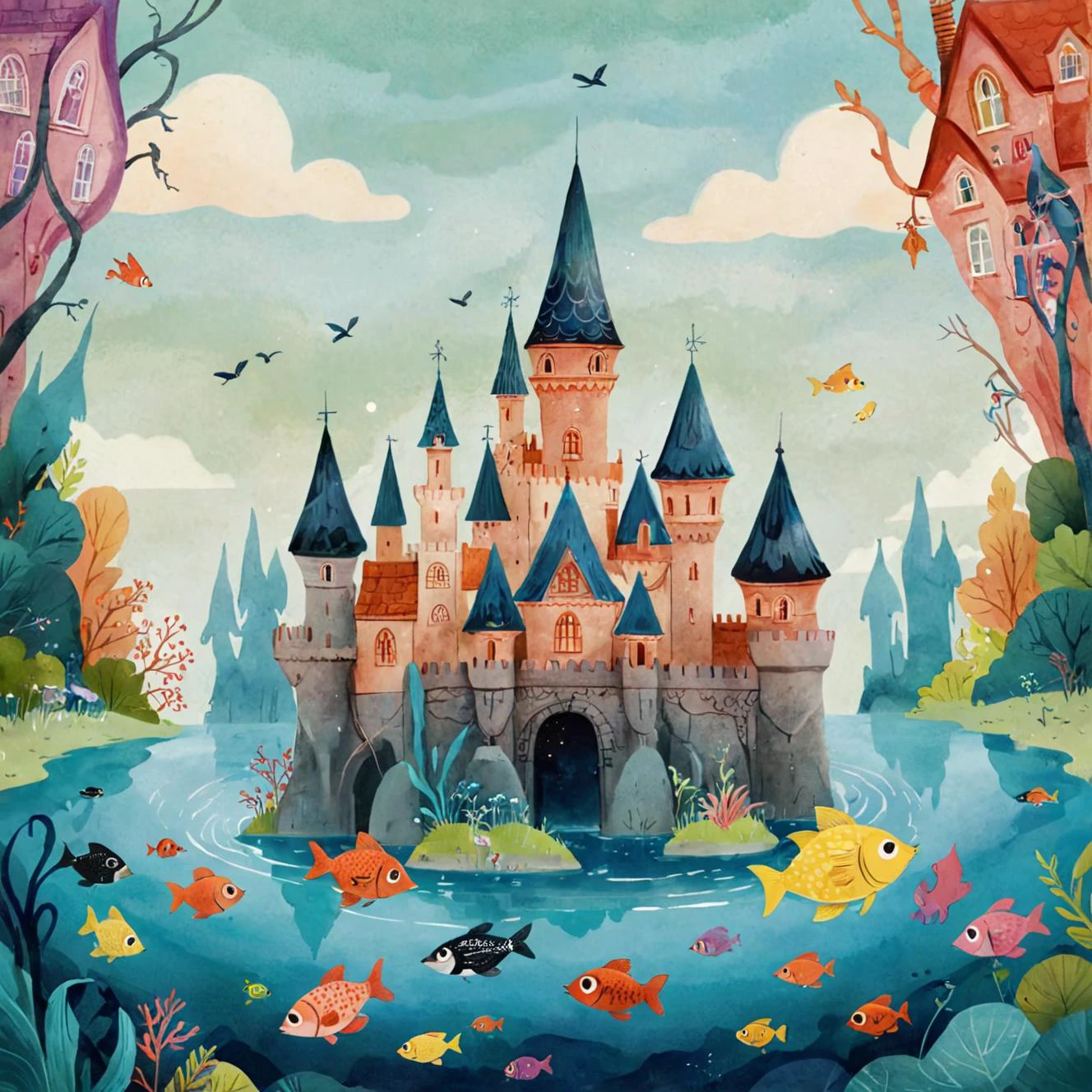 breathtaking <lora:Children_Illustration_SDXL:0.8>Children's Illustration Style of a whimsical castle with turrets and spires, surrounded by a moat filled with colorful fish <lora:DD-pnte-neg-v1:1>