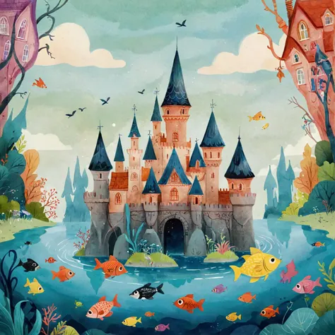 breathtaking <lora:Children_Illustration_SDXL:0.8>Children's Illustration Style of a whimsical castle with turrets and spires, surrounded by a moat filled with colorful fish <lora:DD-pnte-neg-v1:1>