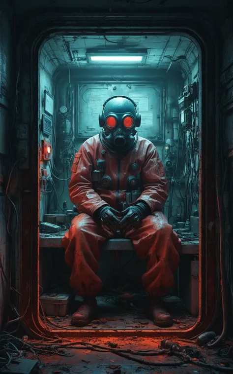 concept art,retro futuristic,flat colors,lineart,vntg artstyle,
In a future world contaminated by nuclear radiation,human intelligence is generated in underground bunkers,A severely irradiated individual is confined within a transparent glass chamber,displaying horrifying mutations on his body,Scientists observe and record the changes,working in a dimly lit,disordered,and dilapidated laboratory filled with rusty equipment,The color scheme consists mainly of deep_blue and deep_red,with high levels of detail,extreme light and dark contrasts,and a highly detailed,poster-like style that creates a strong sense of apocalyptic despair,The atmosphere is enhanced by the faint glow of neon lights and bold,delineated lines,<lora:DD-pnte-neg-v1:-2>,<lora:MJ52:0.5>,