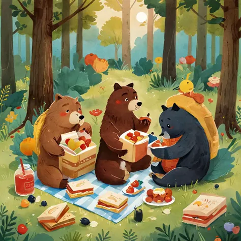 breathtaking <lora:Children_Illustration_SDXL:0.8>Children's Illustration Style of a family of bears picnicking in the woods, enjoying sandwiches and fruit <lora:DD-pnte-neg-v1:1>