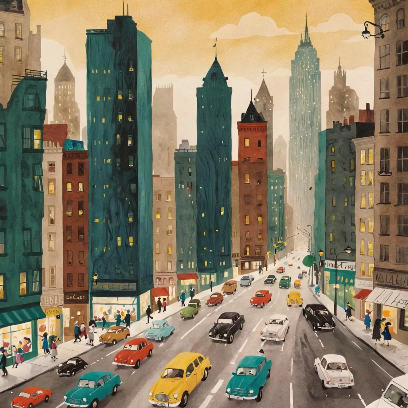 breathtaking <lora:Children_Illustration_SDXL:0.8>Children's Illustration Style of a bustling cityscape with tall buildings, busy streets, and cars zooming by <lora:DD-pnte-neg-v1:1>