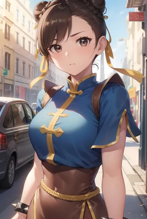 chunli, <lora:chun li v2-lora-nochekaiser:1>,
chun li, (brown eyes:1.7), brown hair, (bun cover:1.5), double bun, eyeliner, hair bun, lipstick, makeup, pink lips,
BREAK blue dress, boots, bracelet, brown pantyhose, china dress, chinese clothes, cross-laced footwear, dress, gold trim, jewelry, pantyhose, pelvic curtain, puffy sleeves, sash, short sleeves, side slit, spiked bracelet, spikes, white footwear,
BREAK outdoors,
BREAK looking at viewer, full body,
BREAK <lyco:GoodHands-beta2:1>, (masterpiece:1.2), best quality, high resolution, unity 8k wallpaper, (illustration:0.8), (beautiful detailed eyes:1.6), extremely detailed face, perfect lighting, extremely detailed CG, (perfect hands, perfect anatomy),