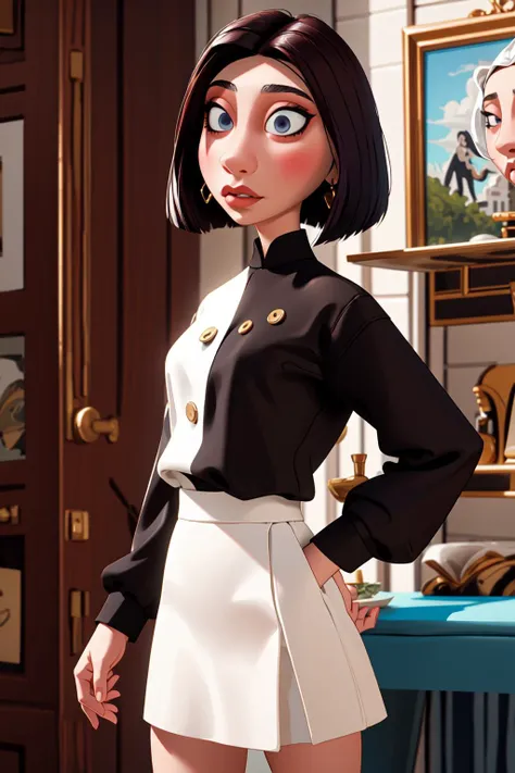 <lora:colettetatou-07:0.8> ,colettetatou , (masterpiece, high quality,:1.2)   woman , white skirt,  , black shirt,