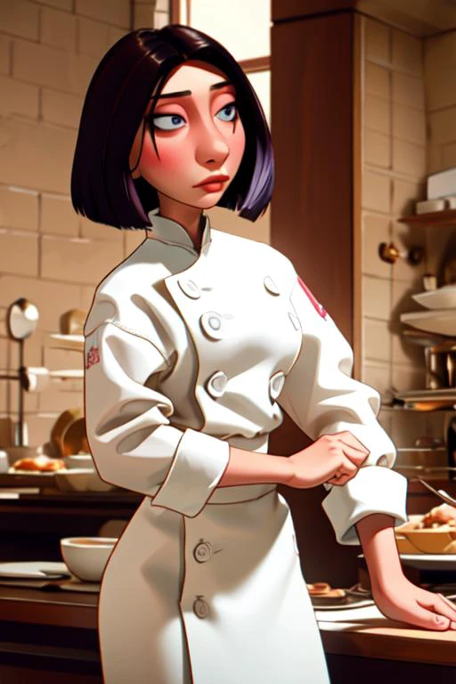 <lora:colettetatou-07:0.8> ,colettetatou , (masterpiece, high quality,:1.2)   woman ,  chef uniform,