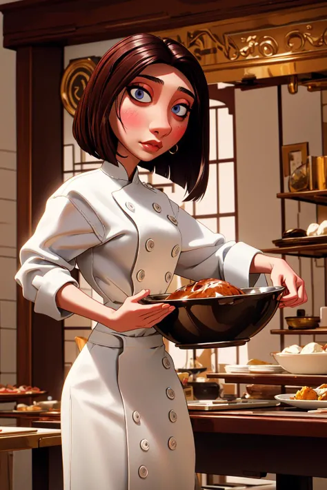 <lora:colettetatou-07:0.8> ,colettetatou , (masterpiece, high quality,:1.2)   woman ,  chef uniform,  detailed eyes,  brown hair