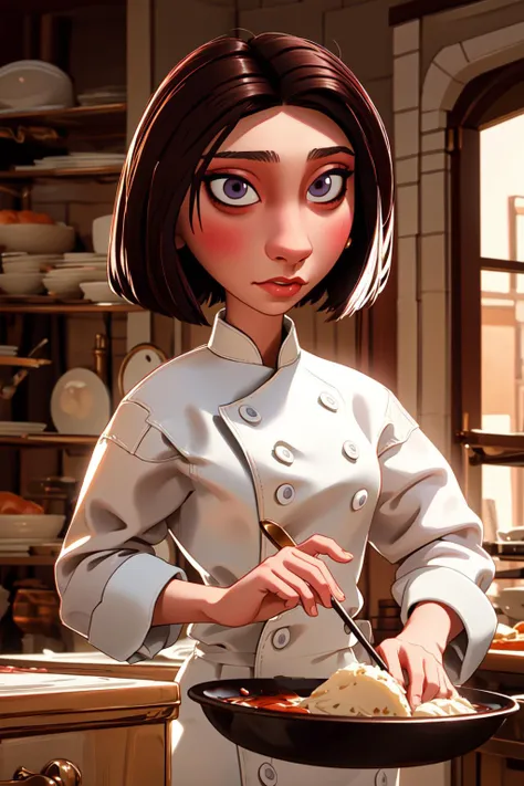 <lora:colettetatou-07:0.8> ,colettetatou , (masterpiece, high quality,:1.2)   woman ,  chef uniform,  detailed eyes,  brown hair