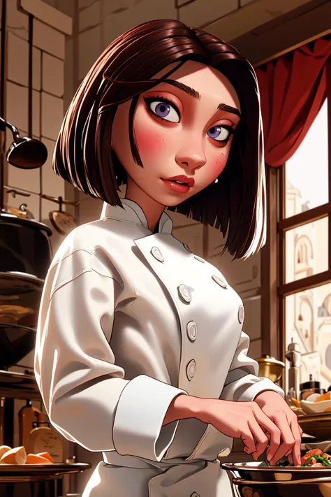 <lora:colettetatou-07:0.8> ,colettetatou , (masterpiece, high quality,:1.2)   woman ,  chef uniform,  detailed eyes,  brown hair