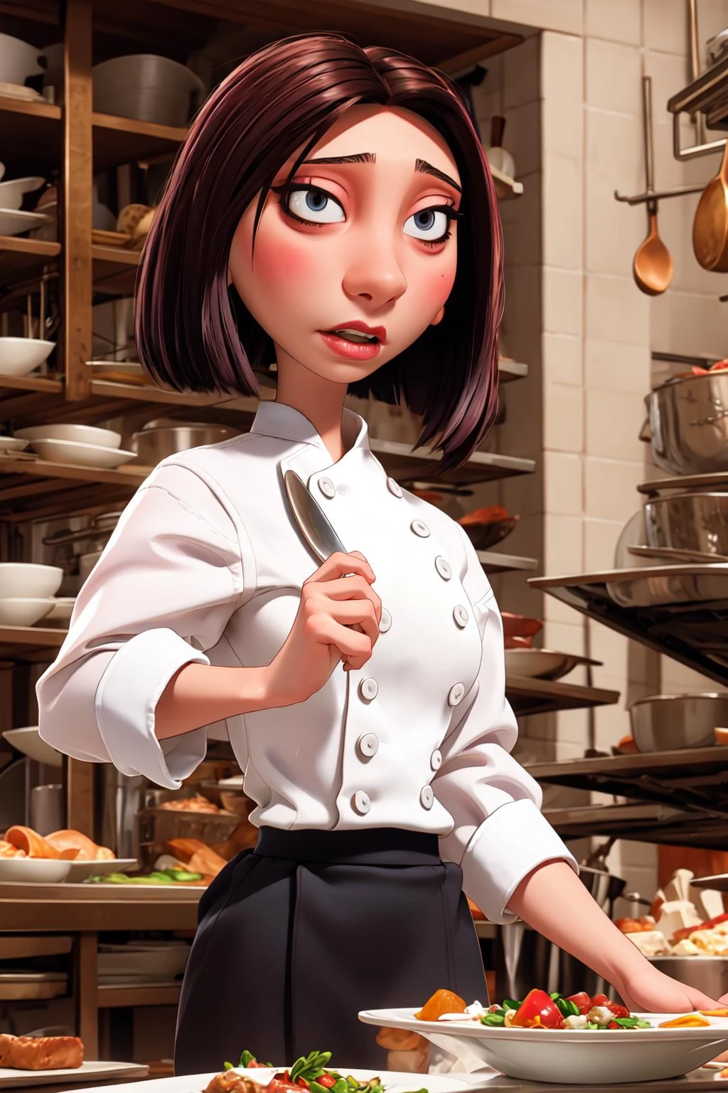 <lora:colettetatou-07:0.8> ,colettetatou , woman , chef uniform,