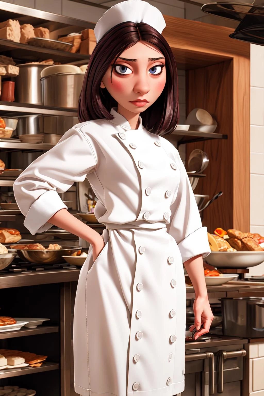 <lora:colettetatou-07:0.8> ,colettetatou , woman , chef uniform,