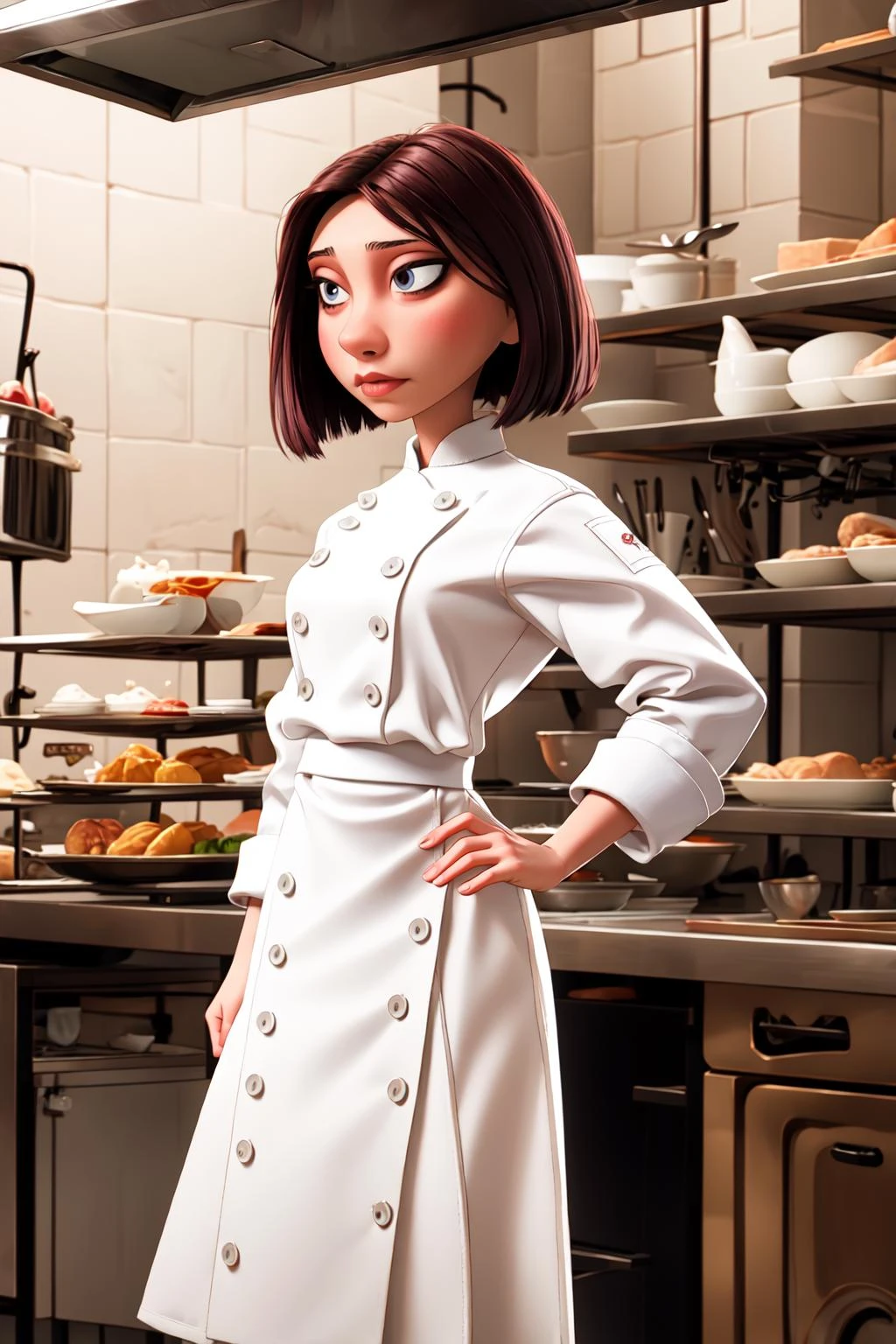 <lora:colettetatou-07:0.8> ,colettetatou , woman , chef uniform,