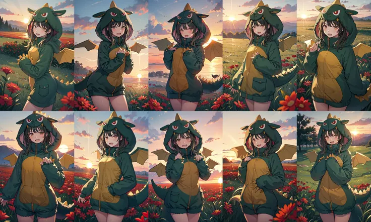 gaogaonichika, 1girl, solo, hood, bangs, fangs, animal costume, tail, wings,
sunset, grass, red flower, looking at viewer, cowboy shot, outdoors, wind,
<lora:nichika-gao-v1.1b:1>