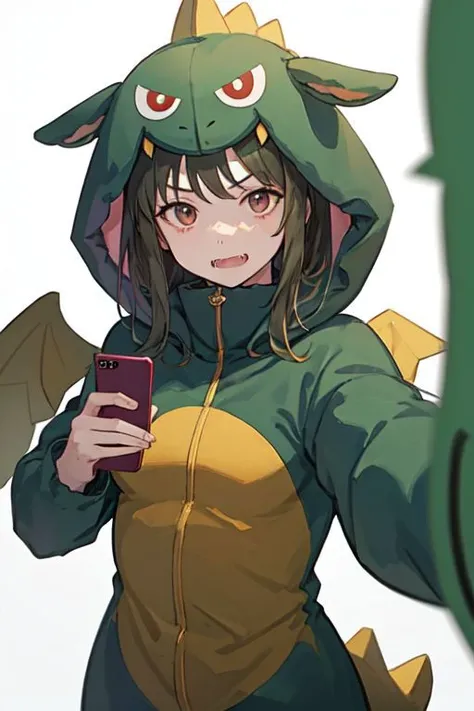 gaogaonichika, 1girl, solo, hood, bangs, fangs, animal costume, tail, wings,
holding, holding phone, looking at viewer, selfie, solo, shadow, simple background, white background
<lora:nichika-gao-v1.1b:0.9>