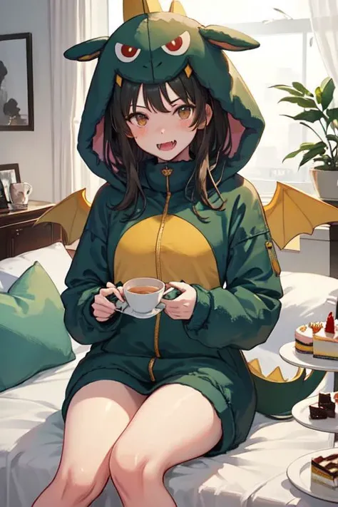 gaogaonichika, 1girl, solo, hood, bangs, fangs, animal costume, tail, wings,
clothes lift, lifted by self, looking at viewer, mouth hold, shirt lift, sitting, solo, argyle, bed, cake, cake slice, crossed bandaids, cup, food, fork, heart, heart pillow, indoors, pillow, steam, tea, teacup
<lora:nichika-gao-v1.1b:0.9>
