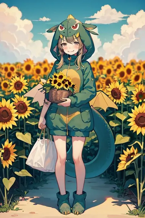 gaogaonichika, 1girl, solo, hood, bangs, fangs, animal costume, tail, wings,
blush, closed mouth, holding, holding basket, looking at viewer, smile, solo, standing, blue sky, cloud, day, flower, full body, sky, sunflower
<lora:nichika-gao-v1.1b:0.9>