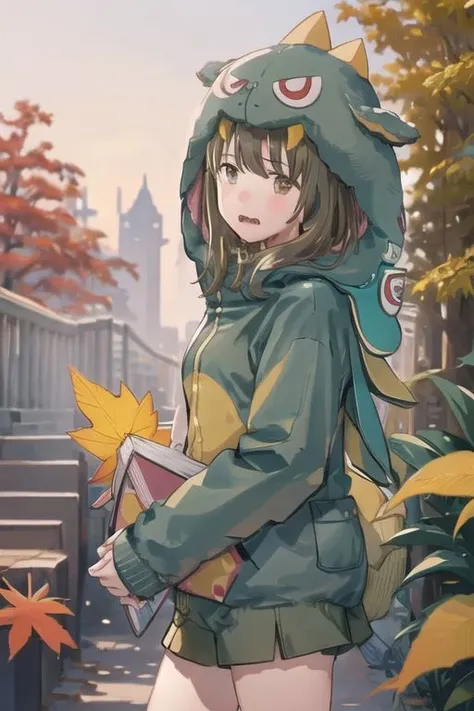 gaogaonichika, 1girl, solo, bangs, brown hair, hood, cosplay, animal costume, brown eyes, fangs,
closed mouth, expressionless, holding, looking at viewer, solo, standing, autumn, autumn leaves, book, from side, leaf, maple leaf, outdoors
<lora:nichika-gao-v1.0:1>