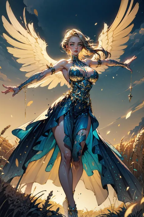 Blonde girl wearing LAstargalaxydress,<lora:LAstargalaxydress:0.8>, long flowing hair, hair blown by wind, (large breast), (golden theme:1.5), (bright background, golden background),sunset, walking in a wheat field, walking, mid-step, dynamic pose, action shot, (arms stretched to sides), arms brushing wheat, dramatic sky, clouds, horizon, BREAK, (masterpiece:1.4), (4k:1.2), (extreme resolution:1.2), (highly intricate:1.2), (studio quality:1.2), (extremely detailed:1.2), (beautiful and aesthetic:1.4)