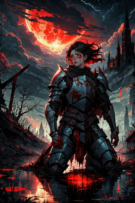 (masterpiece, best quality, detailed, vibrant colors), fantastical, (solo), (knight), kneeling, chainmail, plate armor, sad, tears, outdoors, battlefield, (blood:1.1), tired, exhausted, windy, backlight, cape, tragic, dramatic, (night), red moon, moonlight, thunderstorm, lightning, clouds, blood pond, wrenchsfantasy, fantasy, glowing <lora:Blood:0.6> <lora:wrenchsfantasy:0.6> <lora:DarkAndLight:0.4>