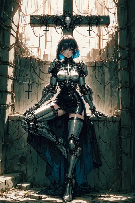 (masterpiece, best quality, detailed, aesthetic, vibrant colors, moonlight), surreal, (fantastical), (moody), (solo), full body, (woman), robot, biomechanical limbs, (cybernetic parts), blouse, miniskirt, bob cut, blunt bangs, xuer the cross <lora:~Q?-SA[Wg xuer the cross:0.7>