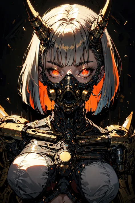 (masterpiece, best quality, intricate, detailed, ornate, vibrant colors), backlight, cyberpunk, (glowing, fluorescent), (bronze theme), portrait, (head and torso), woman, mask, biomechanical, (mechanical parts), mechanical neck, glowing eyes, looking at viewer, demon horns, blunt bangs, bob cut <lora:girl_with_mask_lora013:0.8>,