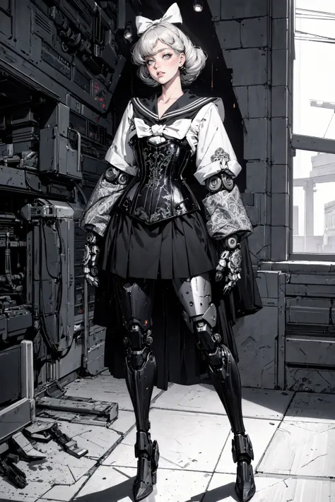 (masterpiece, best quality, detailed, ornate, flat colors, radiant light rays), noir, vaporwave, (retro), bleak, eerie, (solo), full body, (sailor), (robot), mechanical legs, (machine neck), elegant dress, formal, messy hair, hair bow, brocade corset dress <lora:lgdress_2-11:0.6>