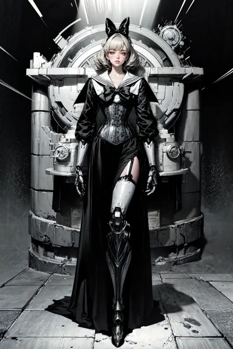 (masterpiece, best quality, detailed, ornate, flat colors, radiant light rays), noir, vaporwave, (retro), bleak, eerie, (solo), full body, (sailor), (robot), mechanical legs, (machine neck), elegant dress, formal, messy hair, hair bow, heart cutout gloves, brocade corset dress, <lora:lgdress_2-11:0.6>