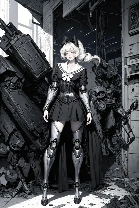 (masterpiece, best quality, detailed, ornate, flat colors, radiant light rays), noir, vaporwave, (retro), bleak, eerie, (solo), full body, (sailor), (robot), mechanical legs, (machine neck), elegant dress, formal, messy hair, hair bow, brocade corset dress <lora:lgdress_2-11:0.6>