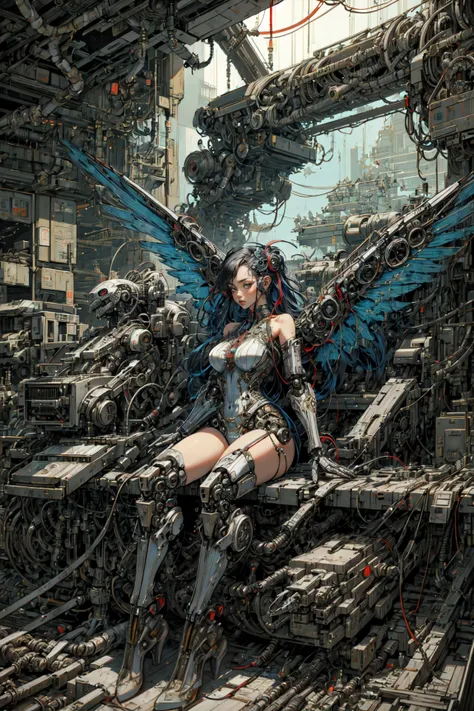 (masterpiece, best quality, intricate, detailed, ornate, vibrant colors), indoors, (factory), machinery, neon, CyberAngel, sitting, (mechanical parts), mechanical limbs, (mechanical wings), cybernetic augmentations, probes, cables, wires, biopunk, cyberpunk, technology <lora:Cyber_Angel:1.0>