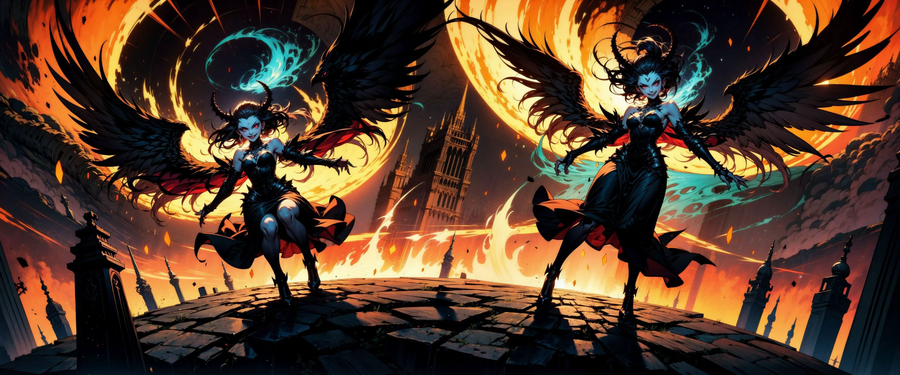 masterpiece, best quality, very aesthetic, absurdres
BREAK
(full body, 1women, dark-skinned female, demonic possessed, evil smile, reaching towards viewer, dark evil aura,flying towards viewer, mystical,)
BREAK
(gothic architecture:2, hell fire:1,)
<lora:add-detail-xl:1> <lora:sinfully_stylish_SDKL:1> <lora:Expressive_H:1>