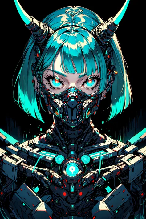 (masterpiece, best quality, intricate, detailed, ornate, vibrant colors), backlight, cyberpunk, (glowing, fluorescent), (cyan theme), portrait, (head and torso), woman, mask, biomechanical, (mechanical parts), mechanical neck, glowing eyes, looking at viewer, demon horns, blunt bangs, bob cut <lora:girl_with_mask_lora013:0.8>,