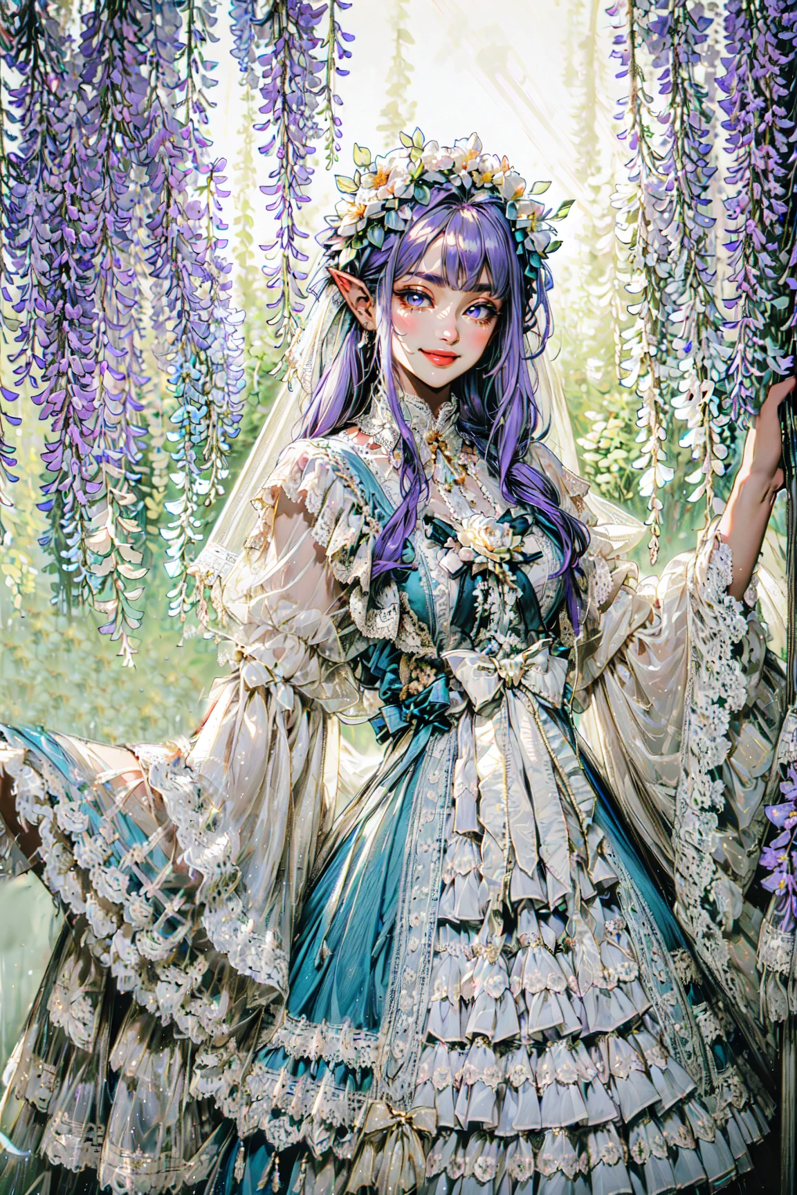 (masterpiece, best quality, detailed, intricate, vibrant colors, god rays), (solo), dynamic angle, (nymph), pointy ears, smiling, joyful, playful, see-through sleeves, veil, wide sleeves, outdoors, garden, (wisteria), (flowers), head wreath, nature, sunlight, lace-trimmed dress, layered dress <lora:lo_dress_classic_style2_v2:0.7>