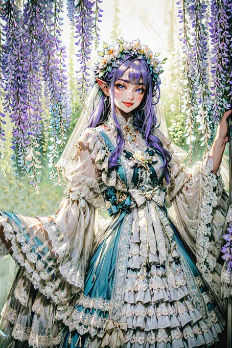 (masterpiece, best quality, detailed, intricate, vibrant colors, god rays), (solo), dynamic angle, (nymph), pointy ears, smiling, joyful, playful, see-through sleeves, veil, wide sleeves, outdoors, garden, (wisteria), (flowers), head wreath, nature, sunlight, lace-trimmed dress, layered dress <lora:lo_dress_classic_style2_v2:0.7>