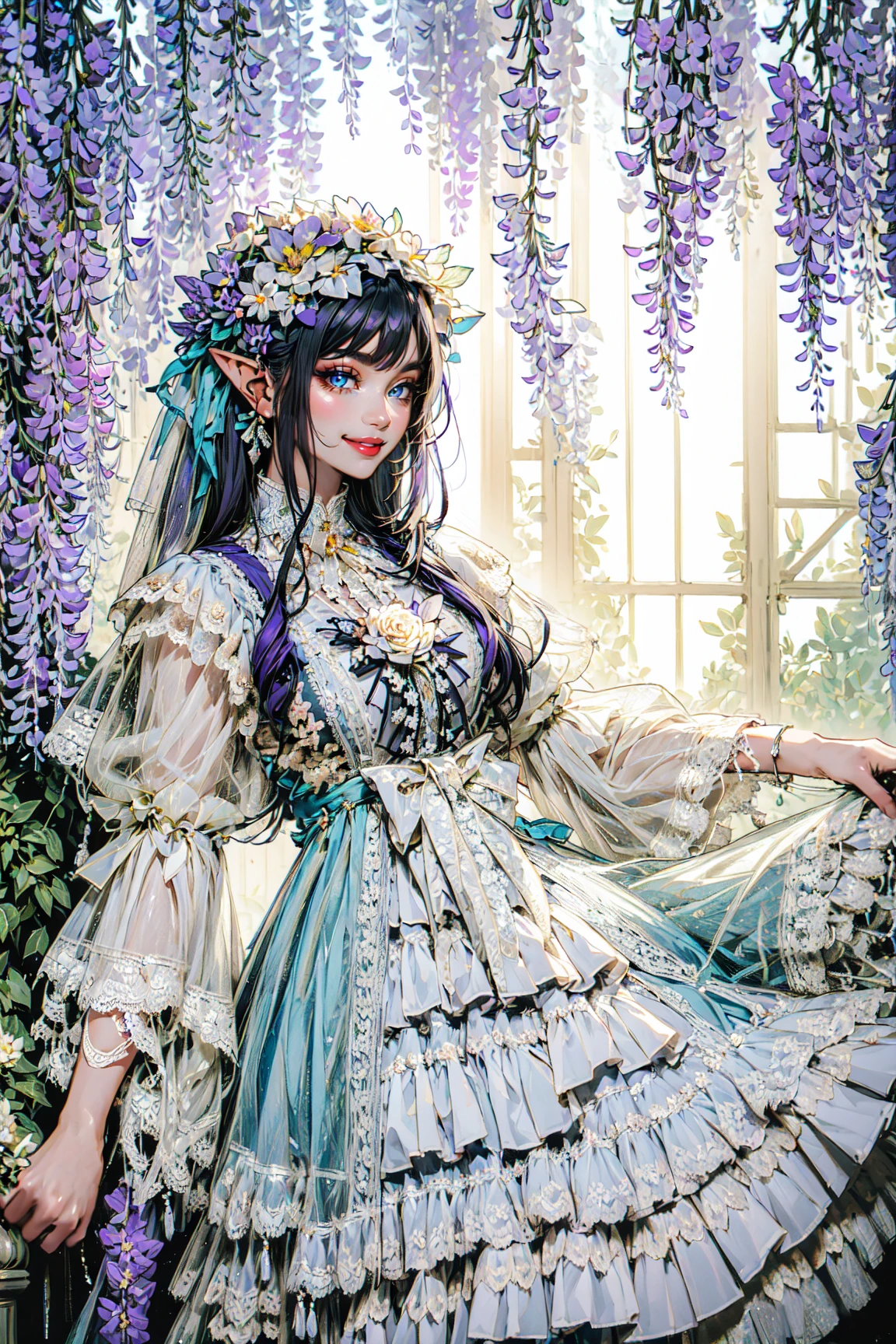 (masterpiece, best quality, detailed, intricate, vibrant colors, god rays), (solo), dynamic angle, (nymph), pointy ears, see-through sleeves, veil, wide sleeves, outdoors, garden, (wisteria), (flowers), head wreath, nature, sunlight, lace-trimmed dress, layered dress <lora:lo_dress_classic_style2_v2:0.7>