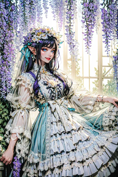 (masterpiece, best quality, detailed, intricate, vibrant colors, god rays), (solo), dynamic angle, (nymph), pointy ears, see-through sleeves, veil, wide sleeves, outdoors, garden, (wisteria), (flowers), head wreath, nature, sunlight, lace-trimmed dress, layered dress <lora:lo_dress_classic_style2_v2:0.7>