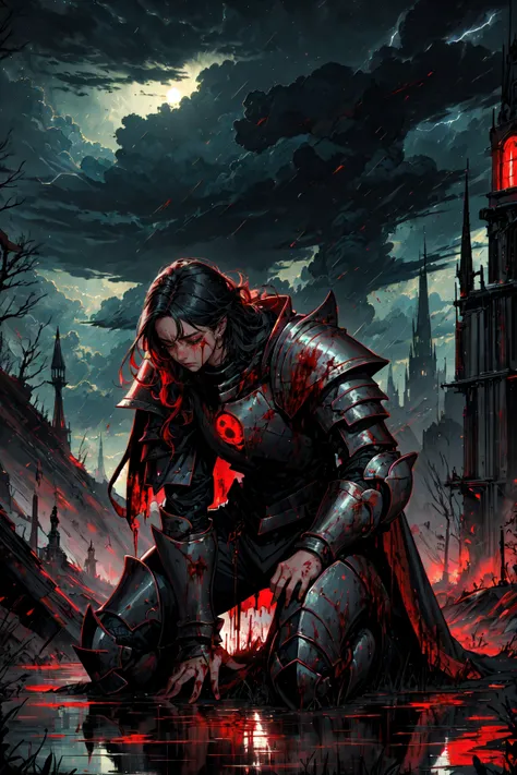 (masterpiece, best quality, detailed, vibrant colors), fantastical, (solo), (knight), kneeling, chainmail, plate armor, sad, tears, outdoors, battlefield, (blood:1.1), tired, exhausted, windy, backlight, cape, tragic, dramatic, (night), red moon, moonlight, thunderstorm, lightning, clouds, blood pond, wrenchsfantasy, fantasy, glowing <lora:Blood:0.6> <lora:wrenchsfantasy:0.6> <lora:DarkAndLight:0.4>