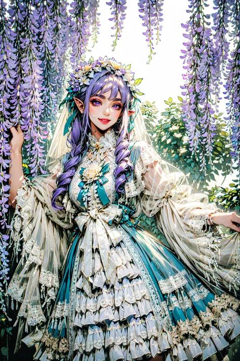 (masterpiece, best quality, detailed, intricate, vibrant colors, god rays), (solo), dynamic angle, (nymph), pointy ears, smiling, joyful, playful, see-through sleeves, veil, wide sleeves, outdoors, garden, (wisteria), (flowers), head wreath, nature, sunlight, lace-trimmed dress, layered dress <lora:lo_dress_classic_style2_v2:0.7>