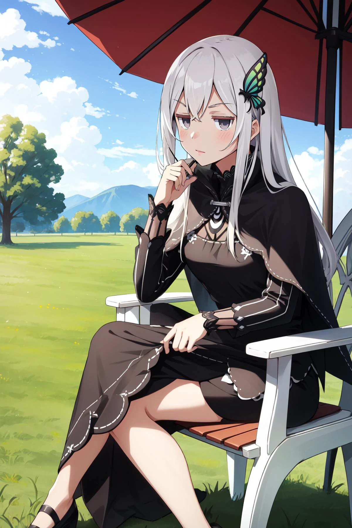(masterpiece, best quality), intricate details,
1girl, <lora:rezero_echidna-10:0.8> rzechidna, butterfly hair ornament, black dress, long sleeves, black capelet
<lora:hotarueye_jitome12_v100:1> sitting in chair, outdoors, grassy, sunny, umbrella,
