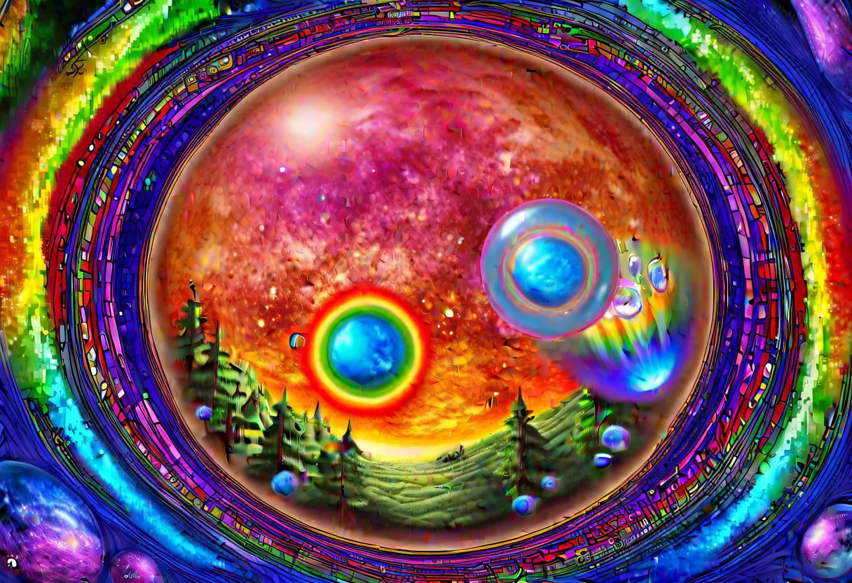 a full view of a world inside a glass bottle with an elaborately inlaid metal and gemstone lid, massive scale, different biomes, rainbow, dense vegetation, absurd res, high res, extremely detailed, space background, in the style of hieronymus bosch, circular canvas, greebles, bubbles, orb, scape, tree