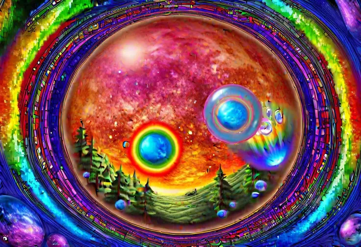a full view of a world inside a glass bottle with an elaborately inlaid metal and gemstone lid, massive scale, different biomes, rainbow, dense vegetation, absurd res, high res, extremely detailed, space background, in the style of hieronymus bosch, circular canvas, greebles, bubbles, orb, scape, tree