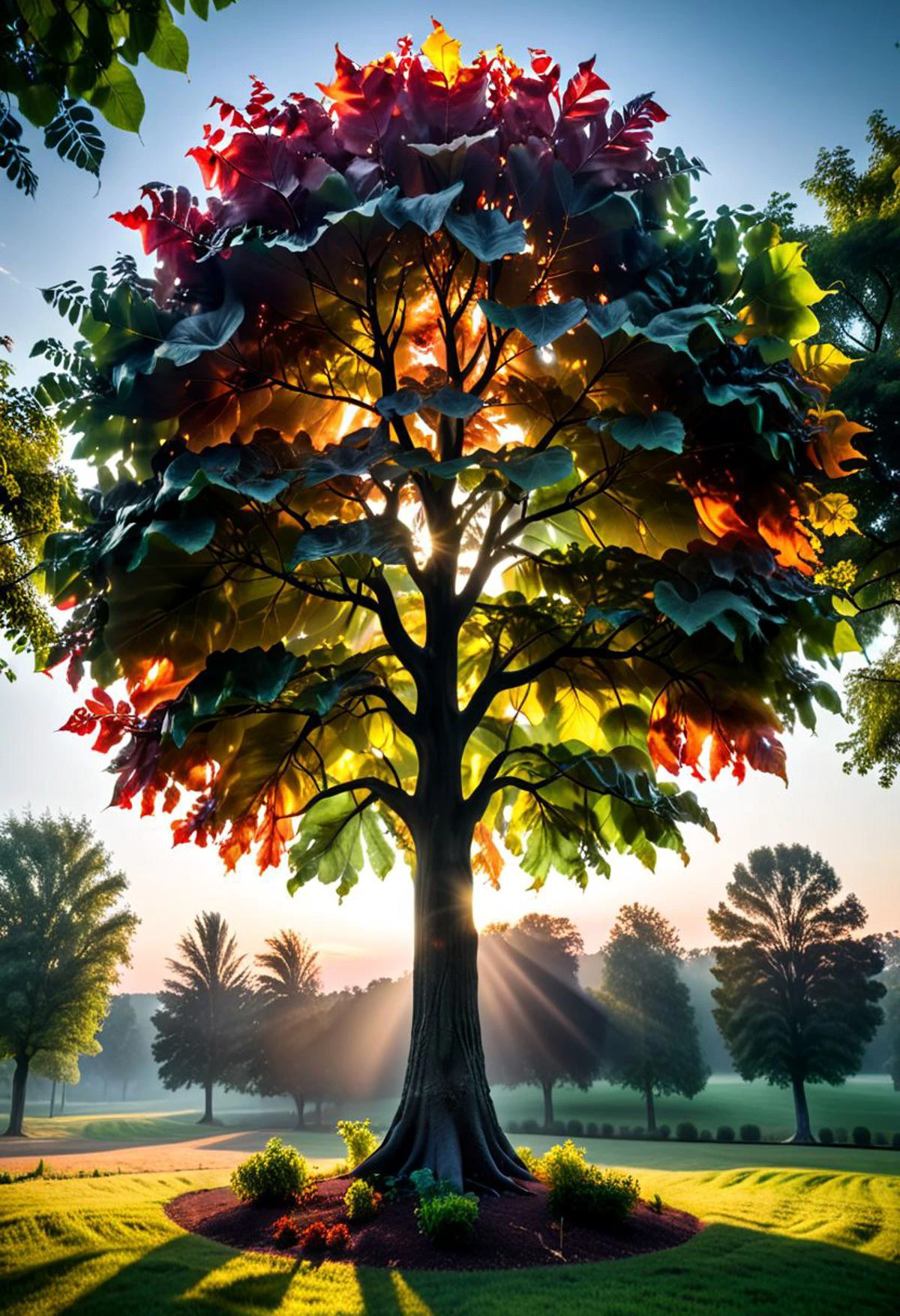 vibrant color,amazing quality, masterpiece, best quality, hyper detailed, ultra realistic lighting, UHD, composition, soft shadows,hyperkraximalism,extremely detailed, hyper-realism, majestic, awesome, inspiring,dark,
a gigantic tree with very slim translucent glass colorless leaves, sunset,subsurface scattering