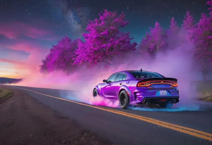 (purple, blue, pink, green, galaxy, night sky, stars, bright)
(picture in golden ratio)
drifting car speeding forwards on curved road. smoke coming from the back wheels. focus on the distant car, unfocused background. showing night sky.
(chargerhellcatsrt, highly detailed car, car drift, right side, drift smoke, smoke, burn out)
(flat and wide landscape, county road, curvy road)
(many purple cherry trees, avenue)
(blue and purple flower meadow, on landscape)
(river, reflections, left side from car, calm water)
motion blur,
night,
wide landscape