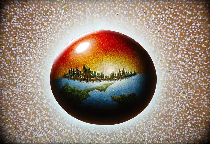 a full view of a 3D planet inside a terrarium with elaborately inlaid metal and gemstone cage covering it, massive scale, different biomes, rainbow, dense vegetation, absurd res, high res, extremely detailed oil painting, award winning, high quality, black velvet background, medieval, circular canvas, bright colours, nasa photography, held in a heavily tattooed hand circular canvas, greebles, bubbles, orb, scape, tree