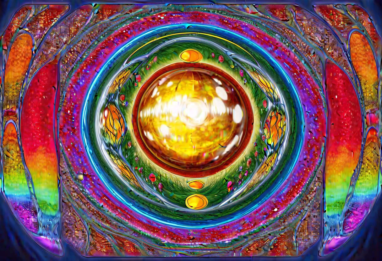 a full view of a world inside a glass bottle with an elaborately inlaid metal and gemstone lid, massive scale, different biomes, rainbow, dense vegetation, absurd res, high res, extremely detailed, space background, in the style of hieronymus bosch, circular canvas, greebles, bubbles, orb, scape, tree