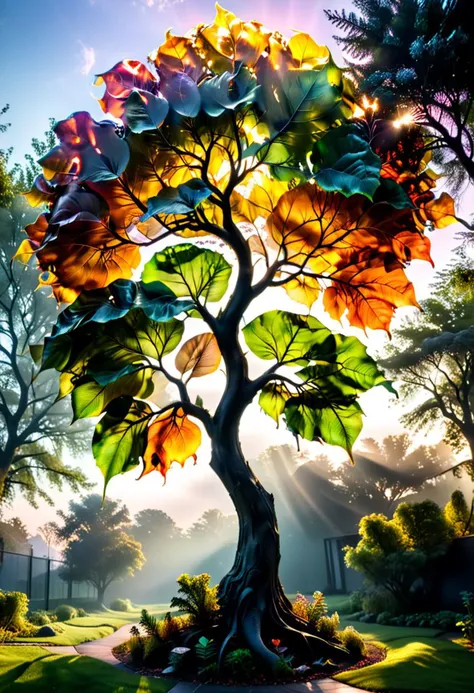 vibrant color,amazing quality, masterpiece, best quality, hyper detailed, ultra realistic lighting, UHD, composition, soft shadows,hyperkraximalism,extremely detailed, hyper-realism, majestic, awesome, inspiring,dark,
a gigantic tree with very slim translucent glass leaves, sunset,subsurface scattering