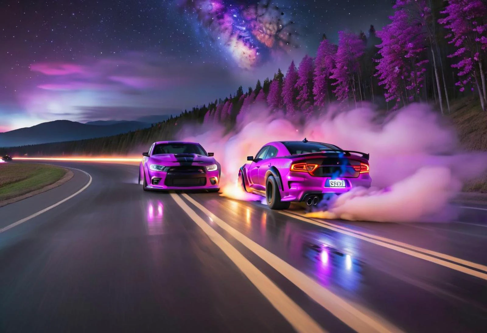 (purple, blue, pink, green, galaxy, night sky, stars, bright)
(picture in golden ratio)
drifting car speeding forwards on curved road. smoke coming from the back wheels. focus on the distant car, unfocused background. showing night sky.
(chargerhellcatsrt, highly detailed car, car drift, right side, drift smoke, smoke, burn out)
(flat and wide landscape, county road, curvy road)
(many purple cherry trees, avenue)
(blue and purple flower meadow, on landscape)
(river, reflections, left side from car, calm water)
motion blur,
night,
wide landscape