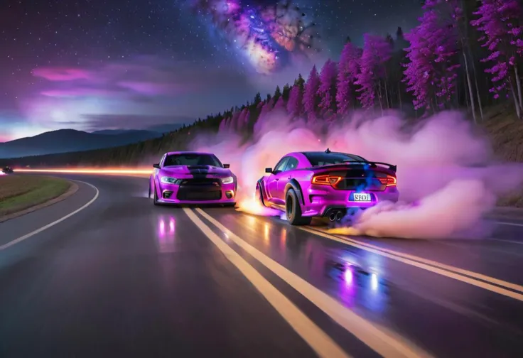 (purple, blue, pink, green, galaxy, night sky, stars, bright)
(picture in golden ratio)
drifting car speeding forwards on curved road. smoke coming from the back wheels. focus on the distant car, unfocused background. showing night sky.
(chargerhellcatsrt, highly detailed car, car drift, right side, drift smoke, smoke, burn out)
(flat and wide landscape, county road, curvy road)
(many purple cherry trees, avenue)
(blue and purple flower meadow, on landscape)
(river, reflections, left side from car, calm water)
motion blur,
night,
wide landscape