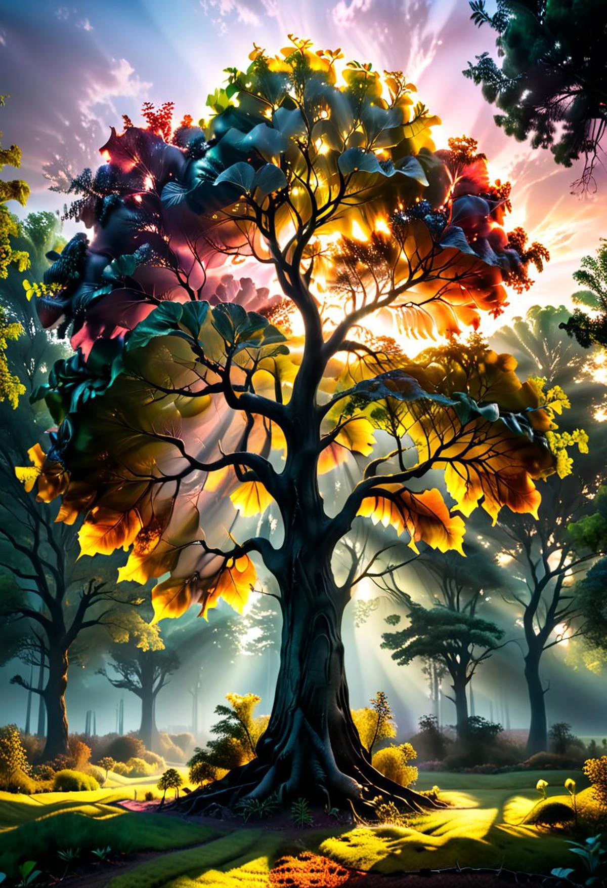 vibrant color,amazing quality, masterpiece, best quality, hyper detailed, ultra realistic lighting, UHD, composition, soft shadows,hyperkraximalism,extremely detailed, hyper-realism, majestic, awesome, inspiring,dark,
a gigantic tree with very slim translucent glass leaves, sunset,subsurface scattering